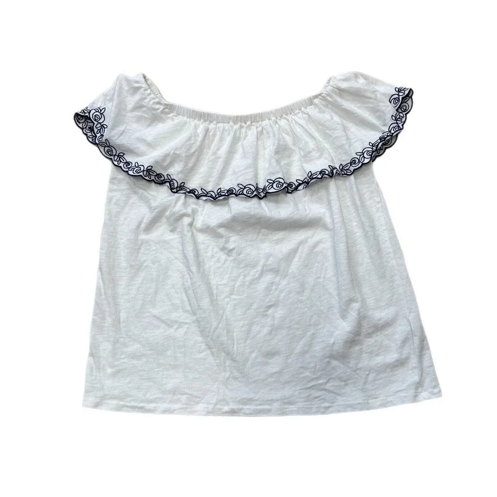 J Crew Top M white embroidered ruffle Off The shoulders blouse cotton knit